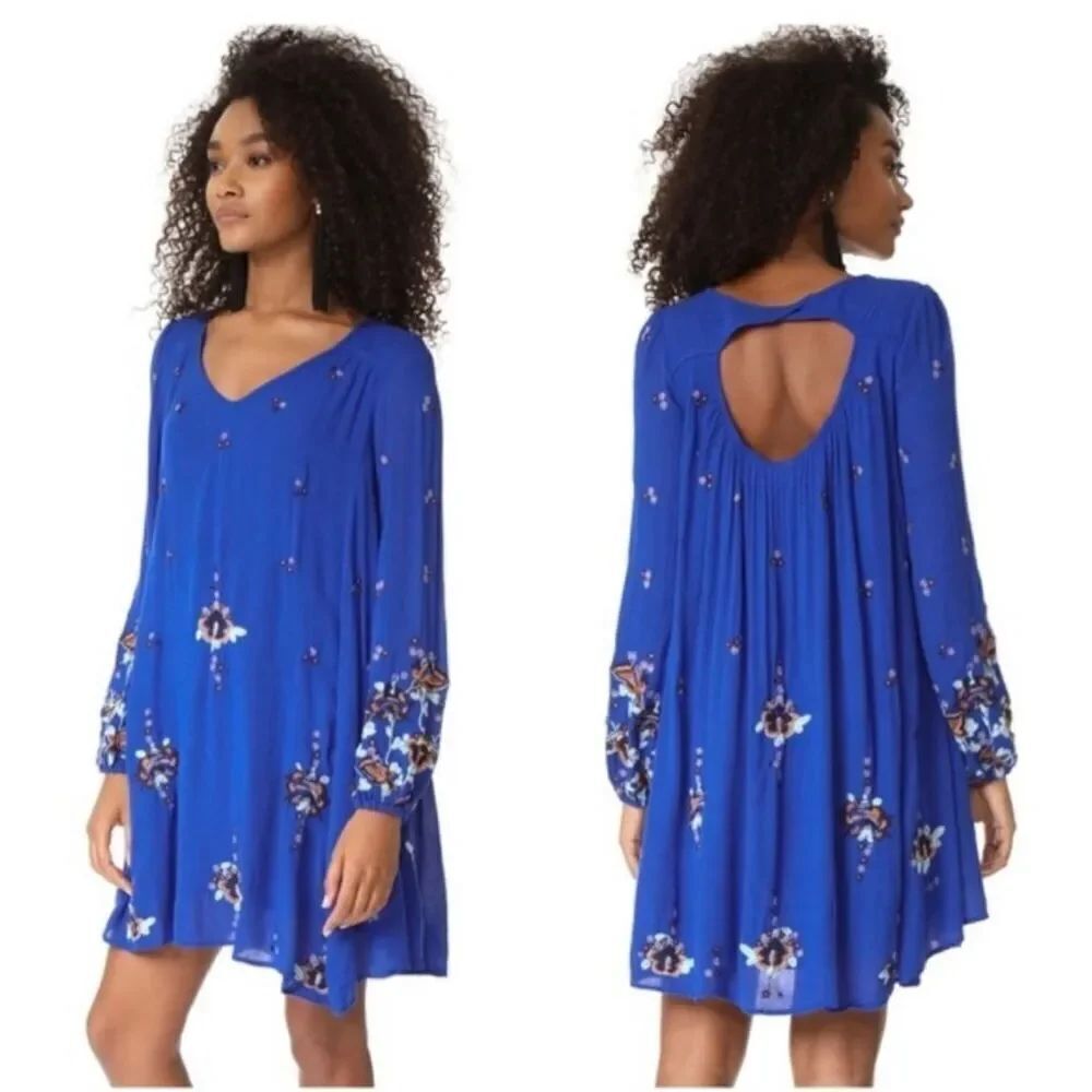 Free People Oxford Embroidered Shift Dress pockets Blue Combo size S